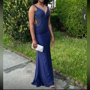 Navy Blue Sleeveless V-Neck Bodycon Prom Gown